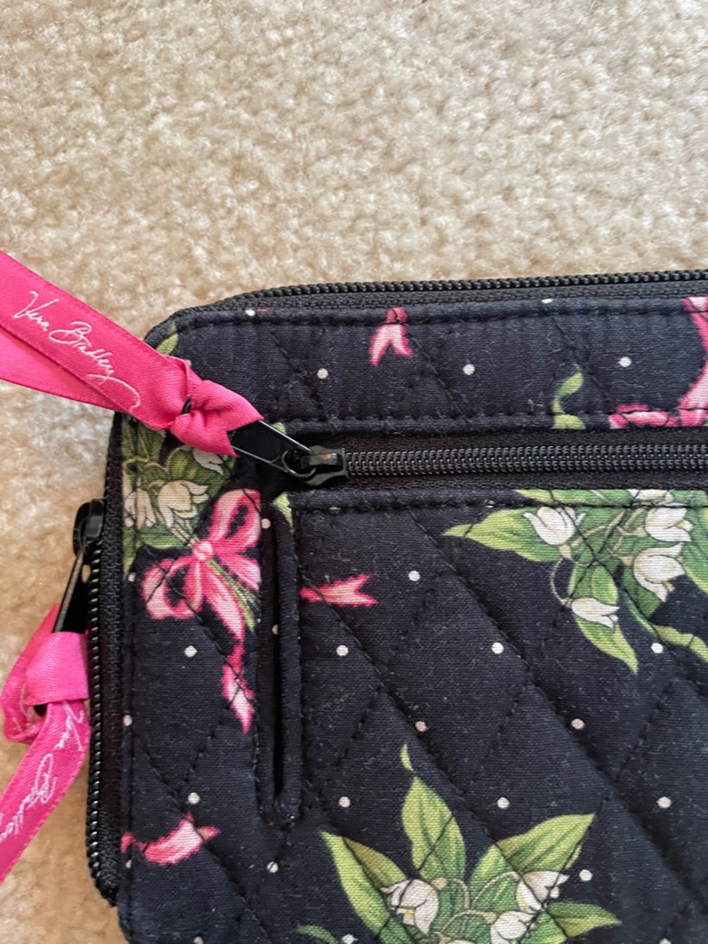 New Condition-Vera Bradley Black Quilted Wallet with Pink Ribbon & Green Floral - Picture 2 of 5